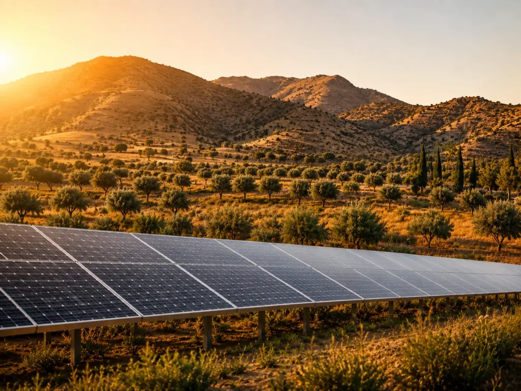 Solar panels in the countryside near Finca Moñino, with olive trees, Spanish mountains and warm sunset light showing the finca’s green energy character.