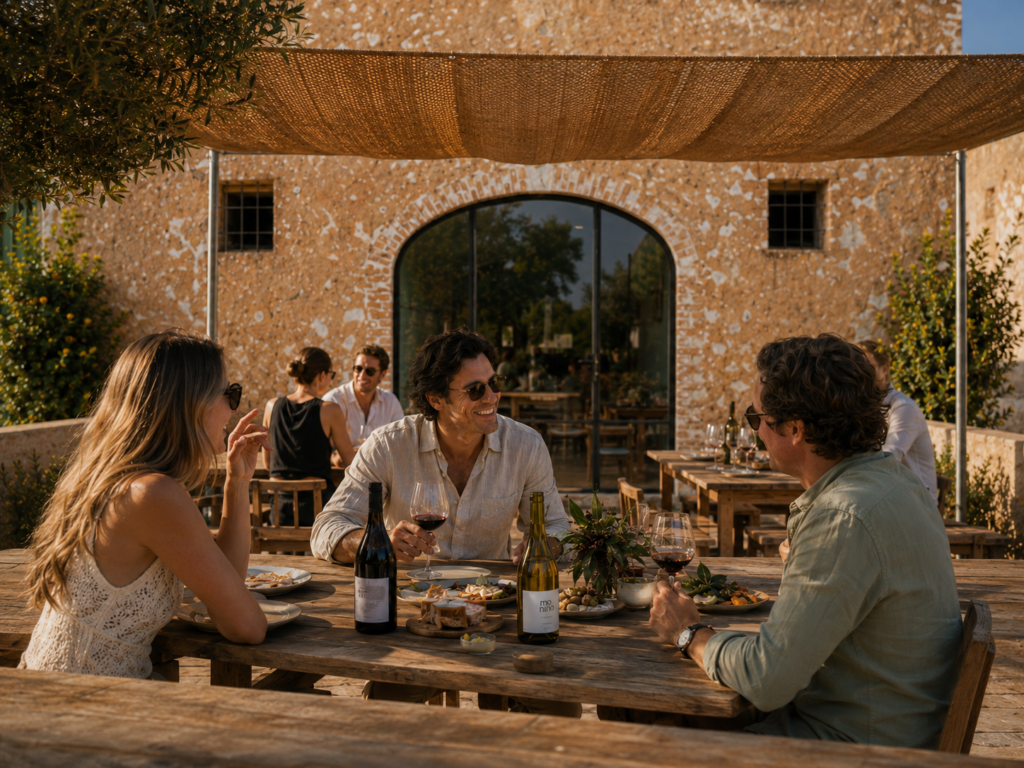 Guests enjoying wine and tapas on the bodega terrace at Finca Moñino, an adult-only finca near Alicante and Murcia