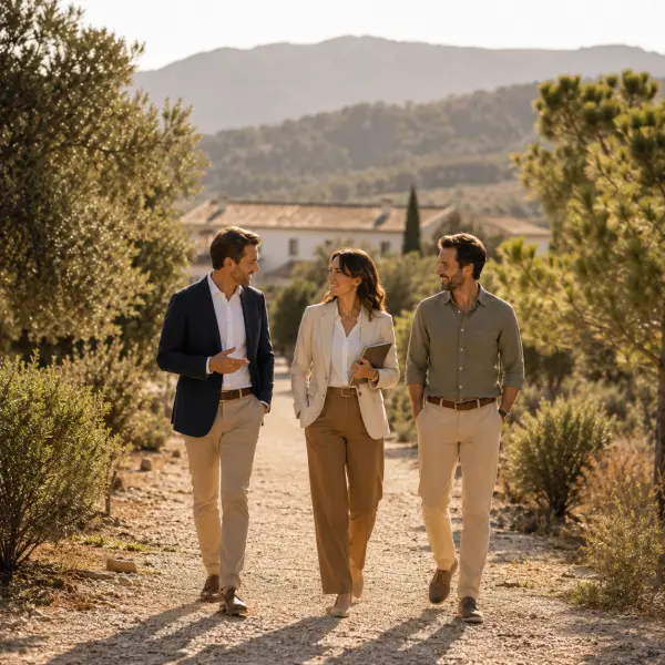 Three business guests walking along a countryside path near Finca Moñino in Murcia, surrounded by Mediterranean trees, mountains and warm natural light.