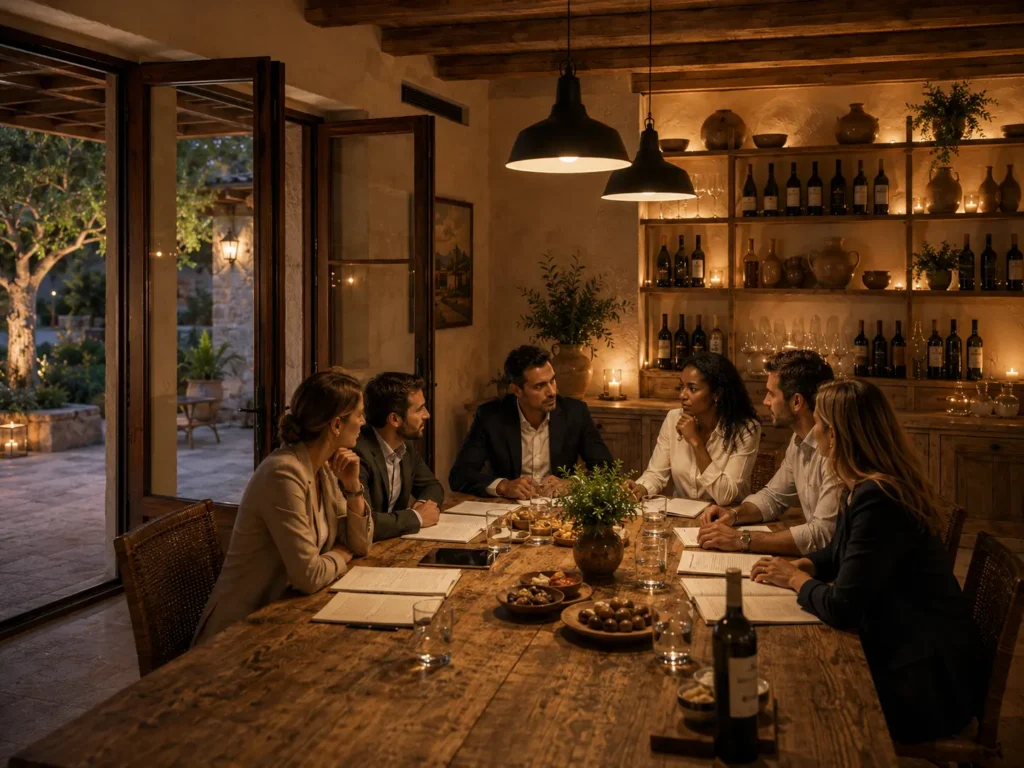 Business guests seated around a rustic wooden table in the private bodega at Finca Moñino, surrounded by warm lighting, wine shelves and an intimate Mediterranean setting.