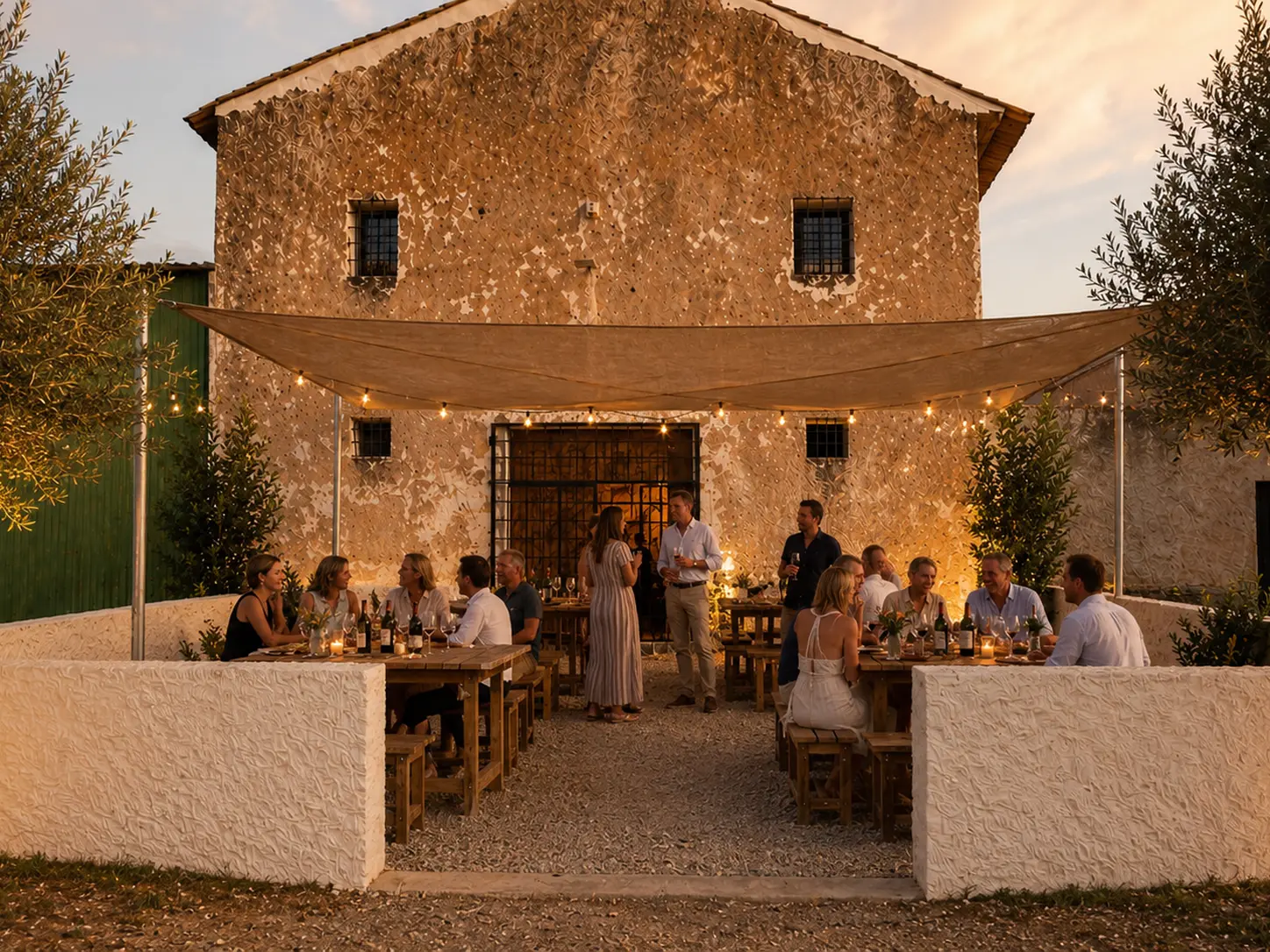 Adult guests enjoying wine, tapas and private dining on the bodega terrace at Finca Moñino