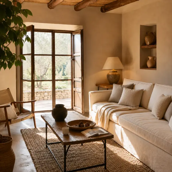 Sunlit boutique apartment lounge at Finca Moñino with a cream sofa, rustic wooden coffee table, exposed ceiling beams and open doors leading to a peaceful Mediterranean garden terrace.