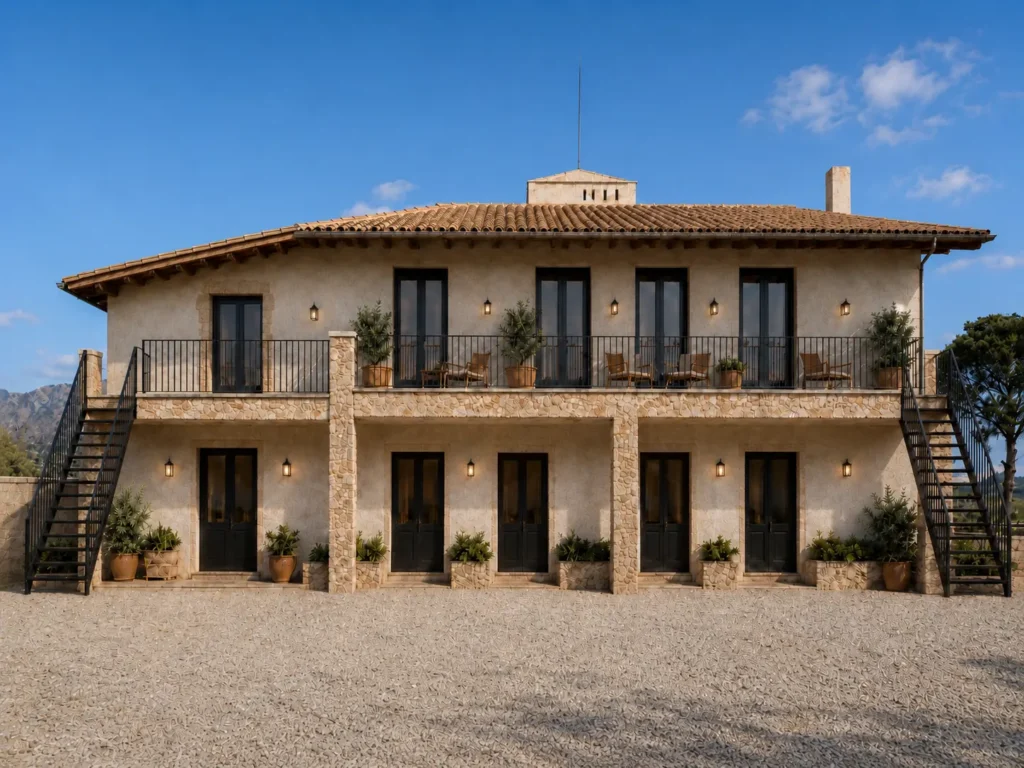 Boutique suites and apartments at Finca Moñino with a symmetrical Mediterranean façade, black staircases, stone columns and warm natural daylight.