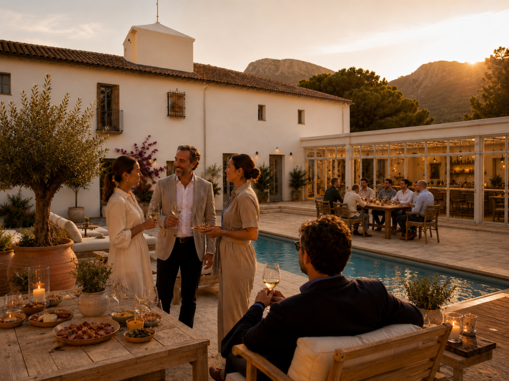 Business guests networking and dining beside the pool at Finca Moñino in Murcia, with white finca architecture, warm sunset light and mountain views in the background.