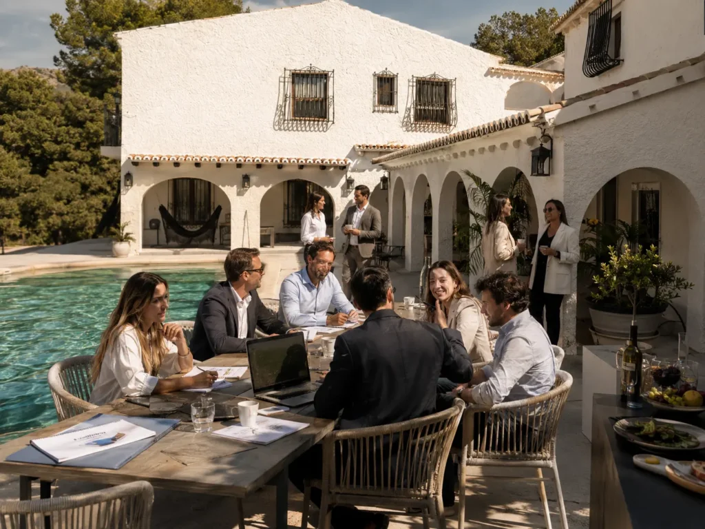 Professional adult guests having a relaxed business retreat session on the pool terrace at Finca Moñino