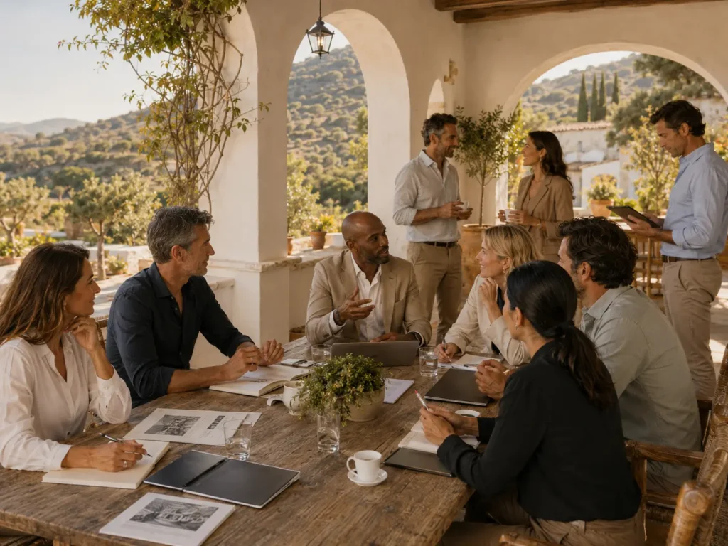 Business professionals discussing ideas around a rustic wooden table on a Mediterranean terrace at Finca Moñino, with white arches, notebooks and countryside views.
