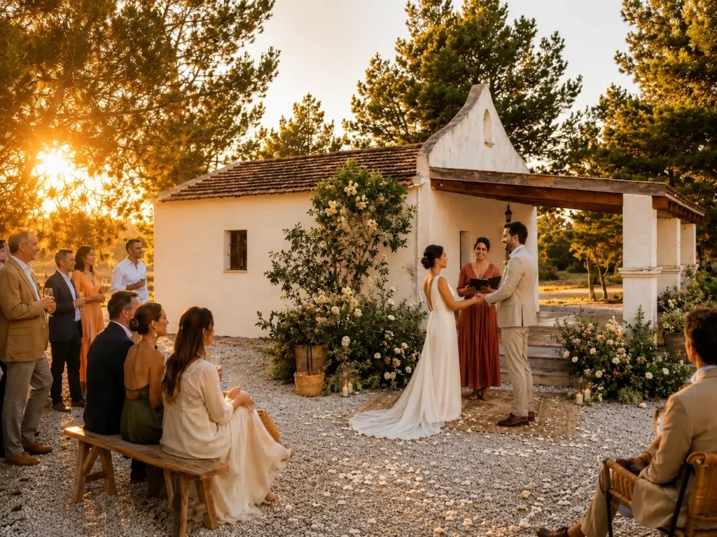 Bride and groom exchanging vows during an intimate sunset ceremony beside the white chapel at Finca Moñino