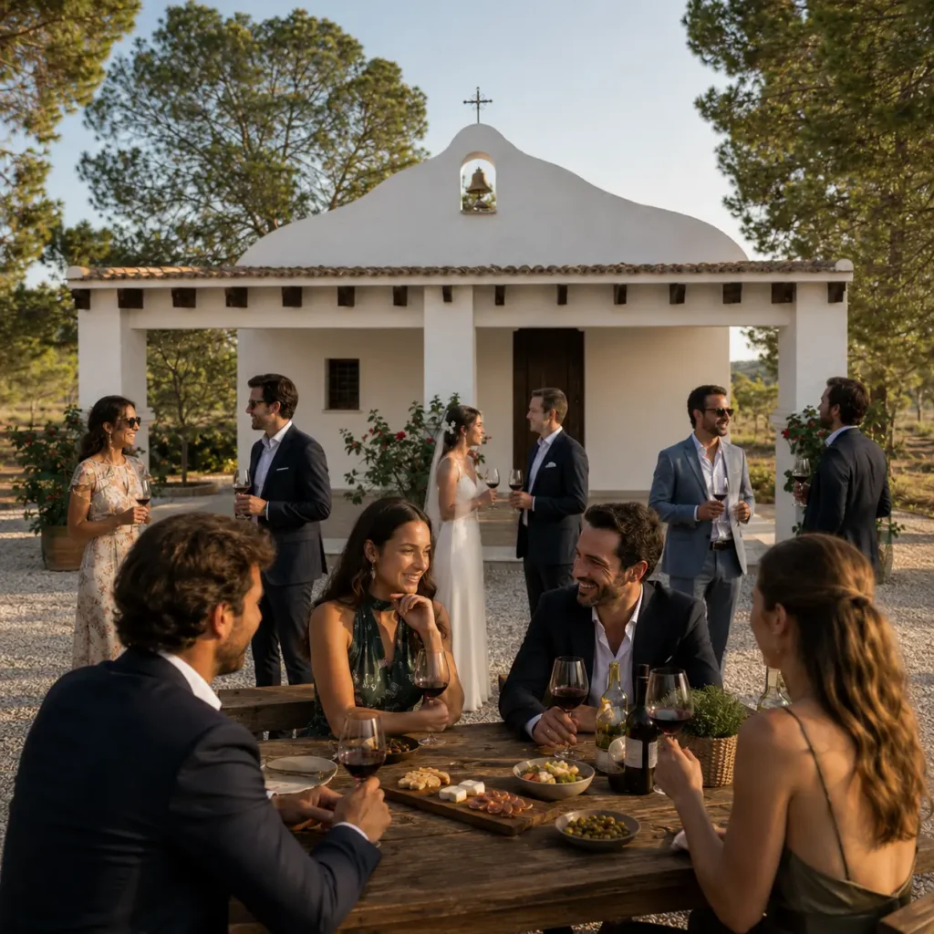 Guests enjoying wine, tapas and relaxed conversation after a chapel ceremony at Finca Moñino.