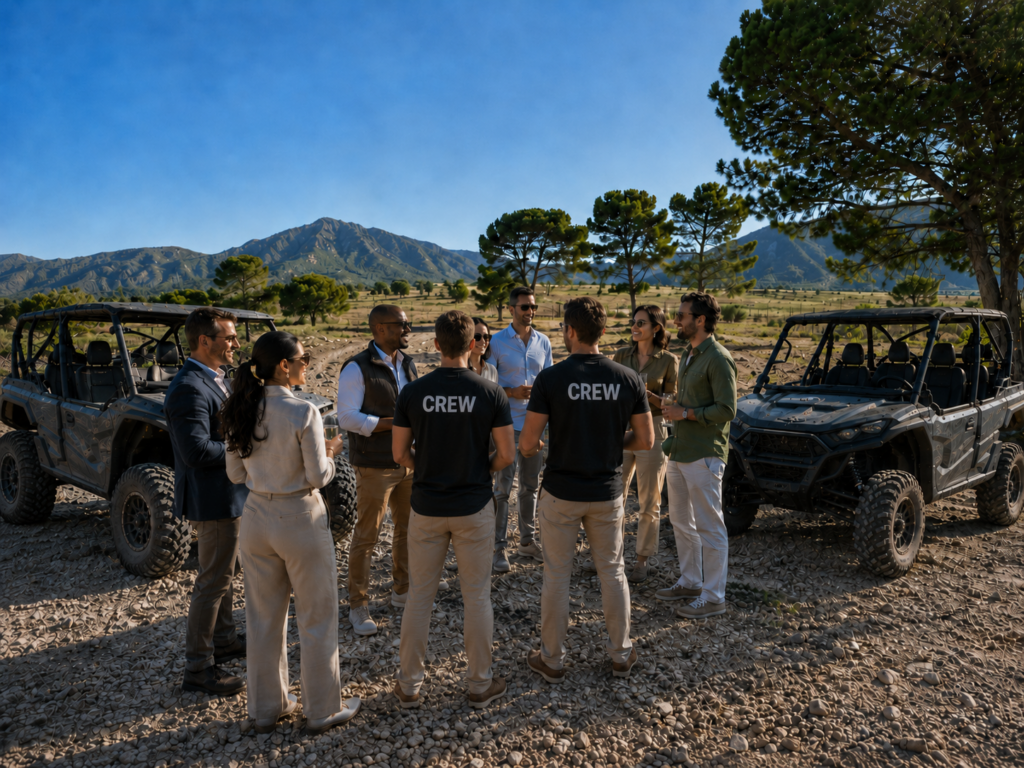 Adult business guests gathered with 2 crew guides beside two Segway U10 vehicles in the Murcia countryside near Finca Moñino, with pine trees and mountain views.