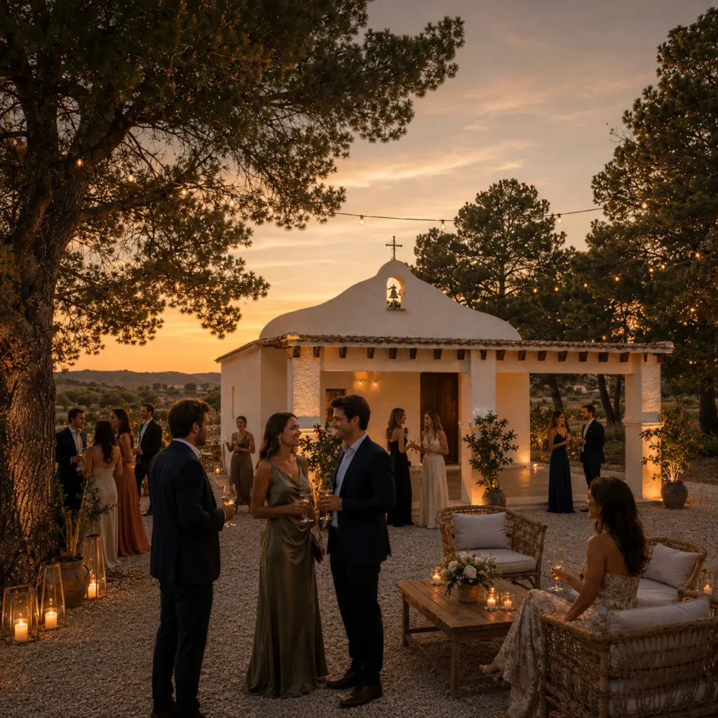 Evening wedding celebration with guests, lights and drinks outside the chapel at Finca Moñino