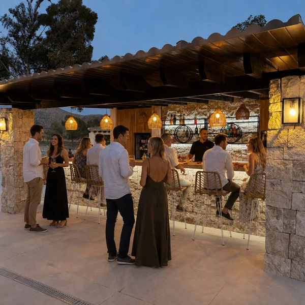 Adult guests enjoying drinks at the illuminated outdoor bar of Finca Moñino during a relaxed evening gathering in the Spanish countryside.