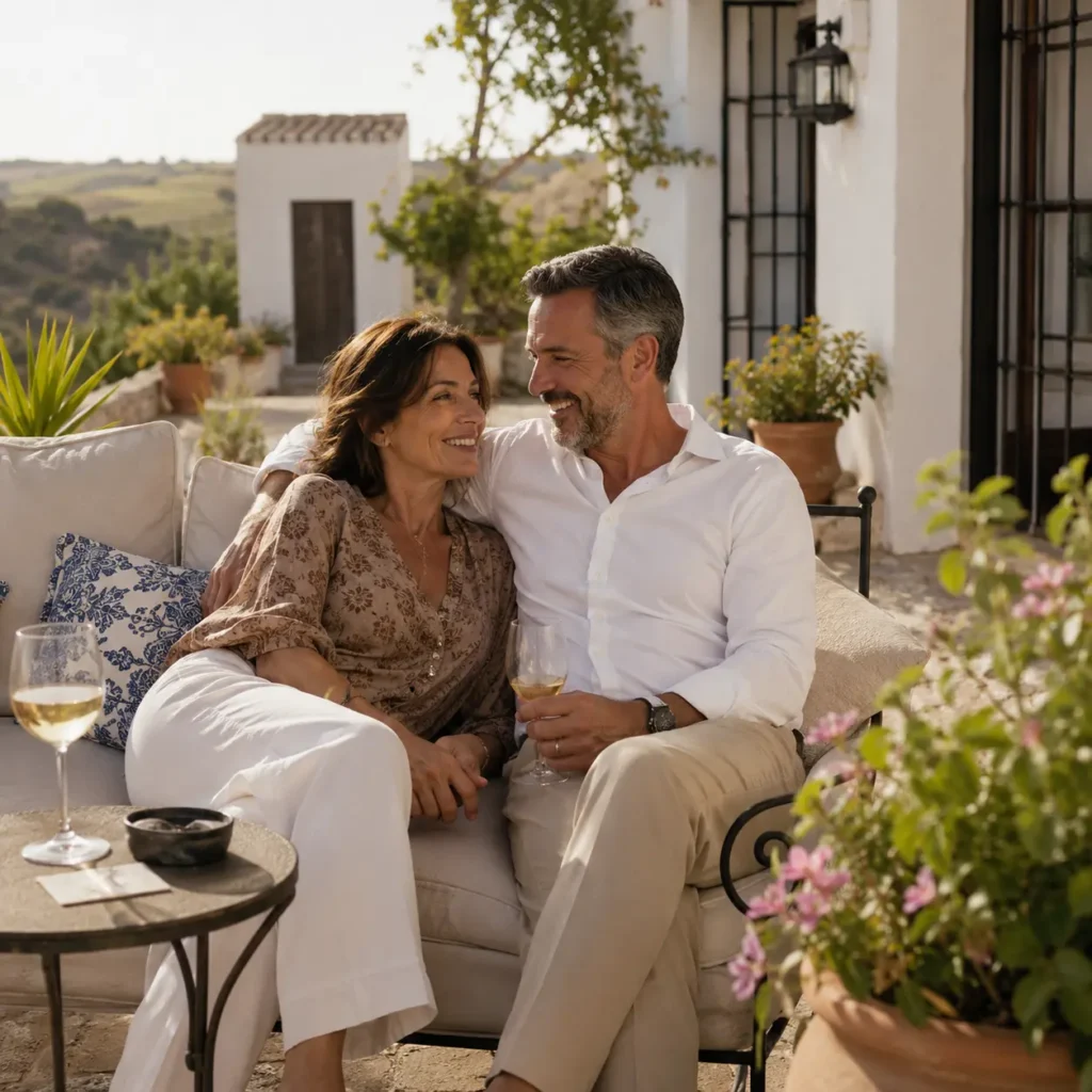 A relaxed couple enjoy a quiet moment on a Mediterranean terrace at Finca Moñino after a private event.