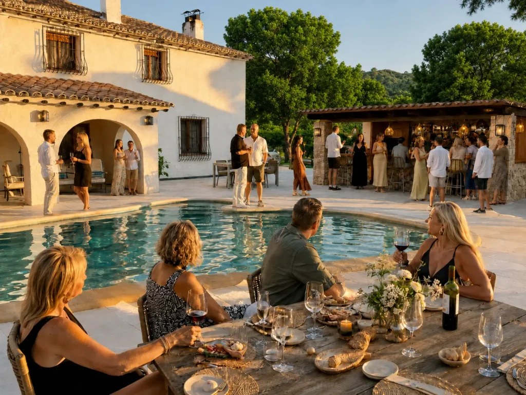 Adult guests enjoying an exclusive private finca gathering by the pool and outdoor bar at Finca Moñino