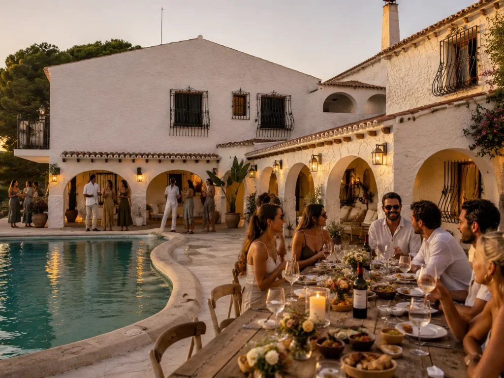 Adult guests enjoying an intimate private celebration with dinner and drinks beside the pool at Finca Moñino