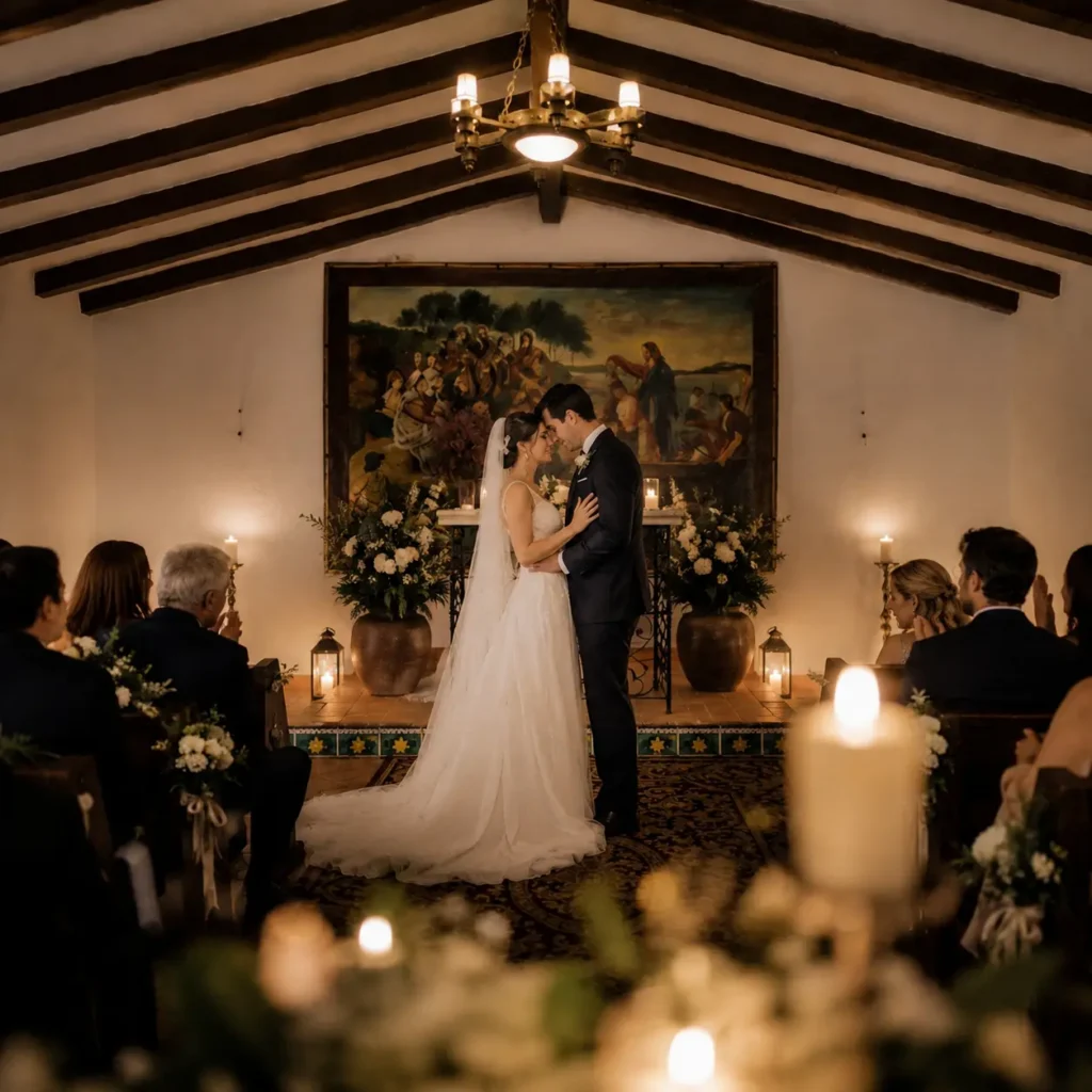 Bride and groom sharing an intimate wedding moment inside the chapel at Finca Moñino