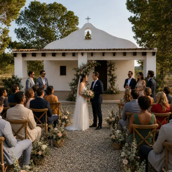 Bride and groom standing in front of the white chapel at Finca Moñino during an intimate daytime wedding ceremony with seated guests and floral aisle decorations.
