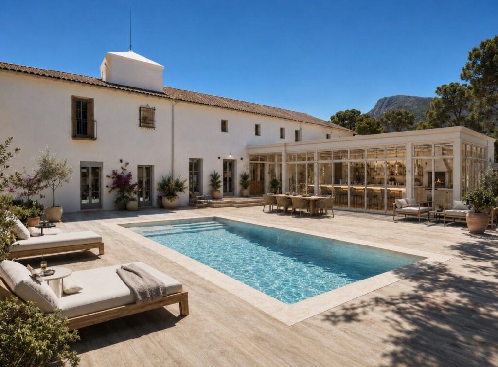 Visualisation of the future pool and terrace area behind the apartments and bodega at Finca Moñino near Alicante and Murcia