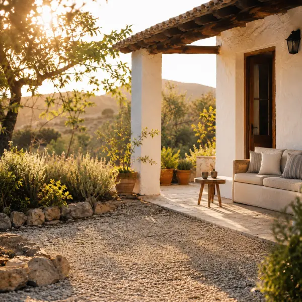 Quiet private terrace at Finca Moñino with rustic seating, white Spanish walls, Mediterranean plants, coffee cups and peaceful countryside views in warm natural light.