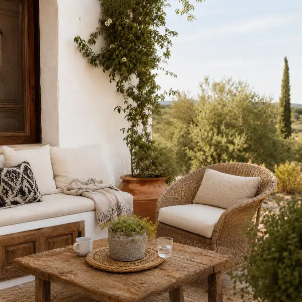 Private terrace seating area at Finca Moñino with a built-in sofa, wicker armchair, rustic wooden coffee table, climbing plants and open countryside views in Murcia, Spain.