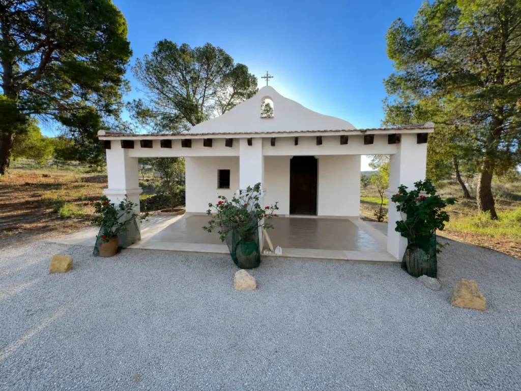 Renovated rustic iglesia at Finca Moñino, a charming wedding chapel surrounded by pine trees near Alicante, Murcia and the Hondón Valley.
