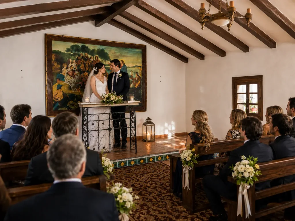 Bride and groom during an intimate wedding ceremony in the rustic chapel at Finca Moñino