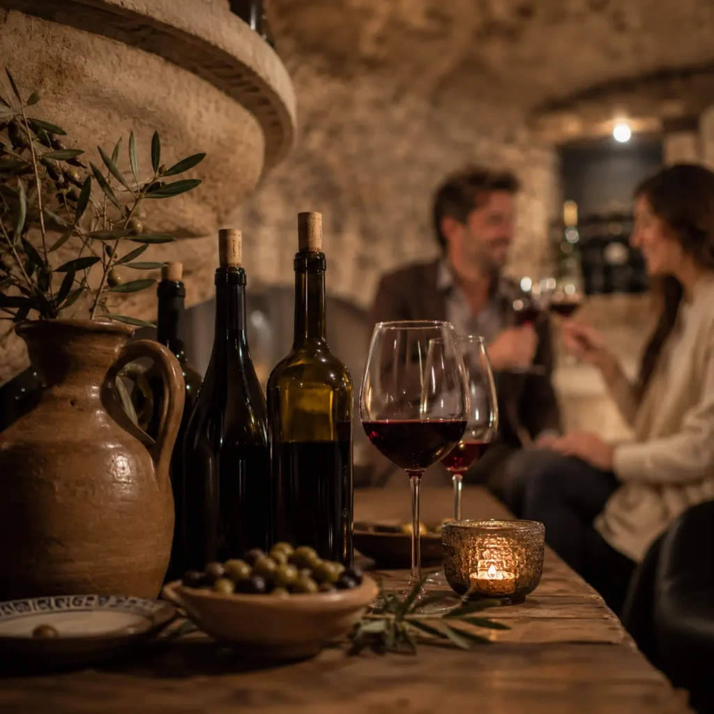 Selected red wines and wine glasses on a rustic bodega table at Finca Moñino, with candlelight, olive branches and adult guests softly blurred in the background.