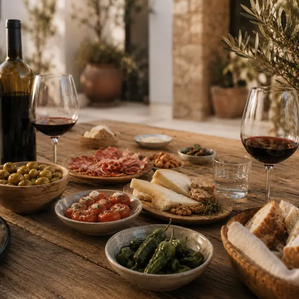 Spanish tapas and red wine arranged on a rustic wooden table at Finca Moñino, with olives, cheese, bread, peppers and warm Mediterranean styling.