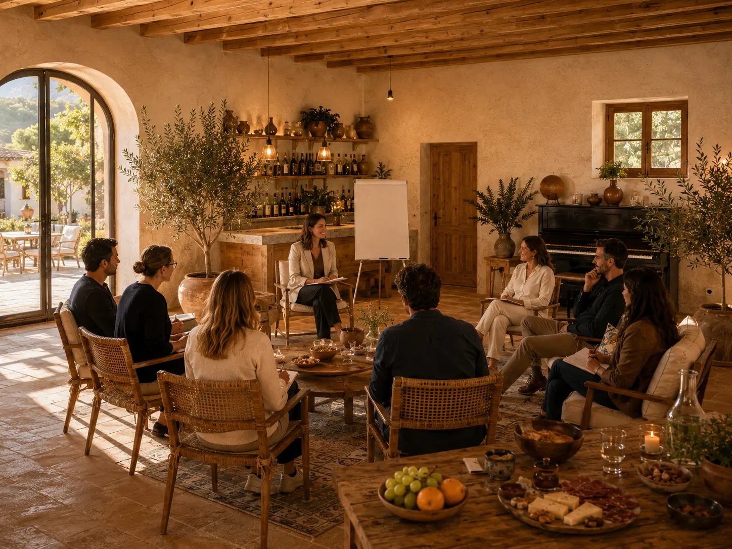 Business guests taking part in a strategy session inside the warm bodega space at Finca Moñino, with rustic wooden chairs, wine shelves, natural light and Mediterranean interior details.