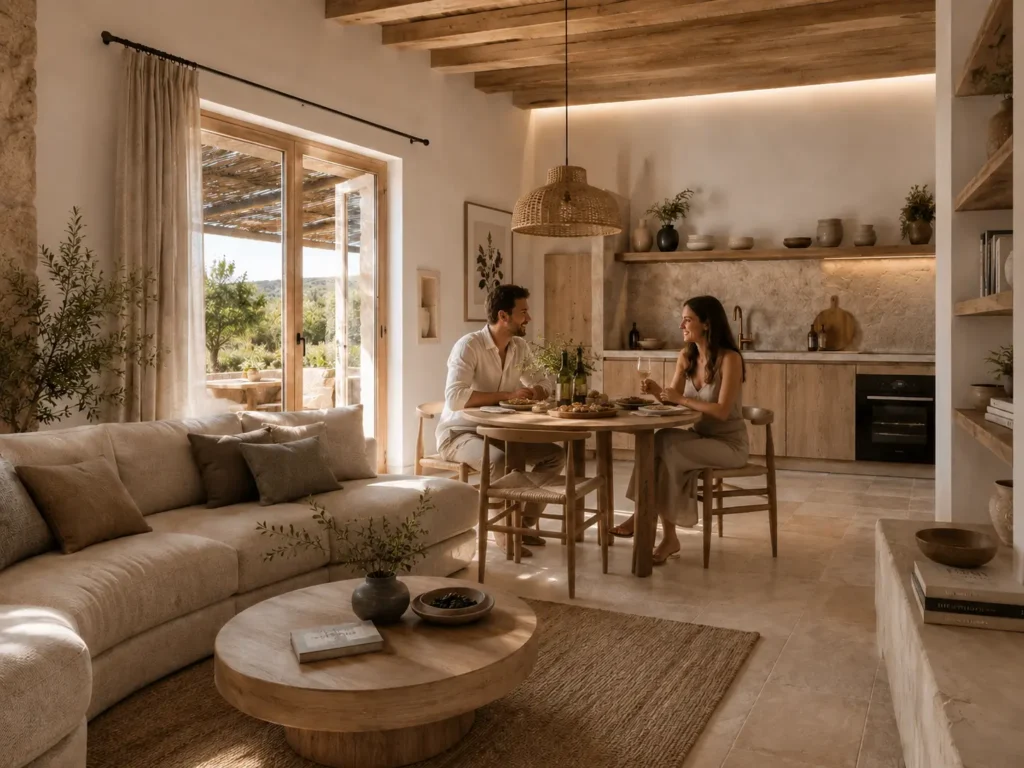 Two adult guests enjoying a relaxed meal inside a boutique apartment at Finca Moñino
