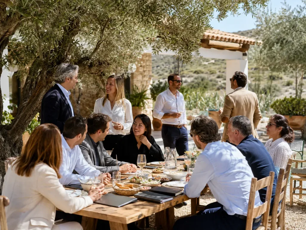 Business guests enjoying a tailor-made programme at Finca Moñino, with lunch, conversation and networking under olive trees in a private Mediterranean finca setting.