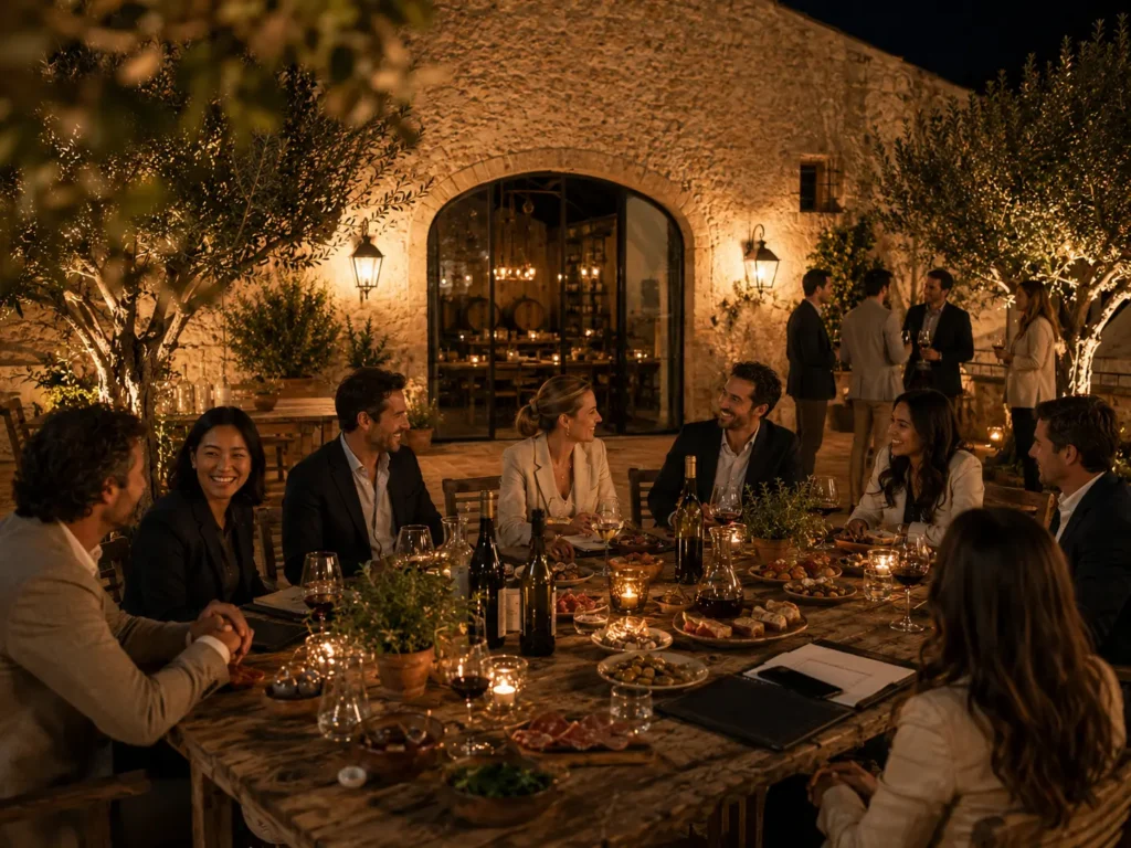 Business guests enjoying a team dinner with wine and tapas on the private bodega terrace at Finca Moñino, surrounded by warm lighting, olive trees and rustic stone architecture.