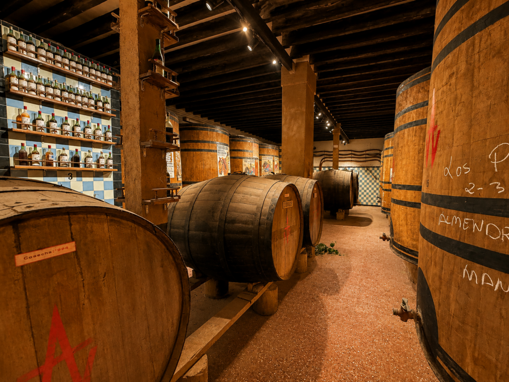 Historic wooden wine barrels inside the private bodega at Finca Moñino