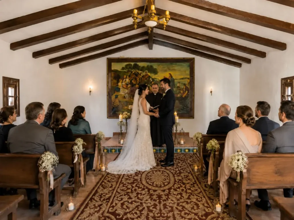 Bride and groom with priest during an intimate wedding ceremony in the chapel at Finca Moñino