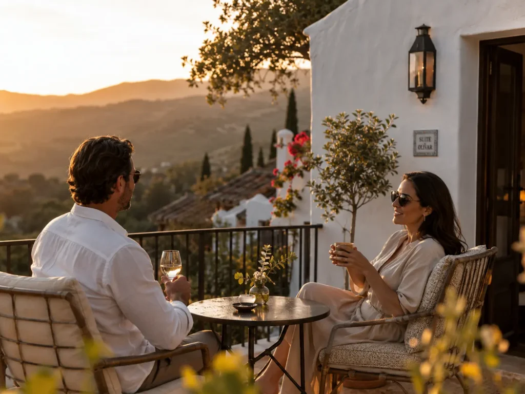 Couple relaxing on a private terrace at a suite at Finca Moñino during sunset