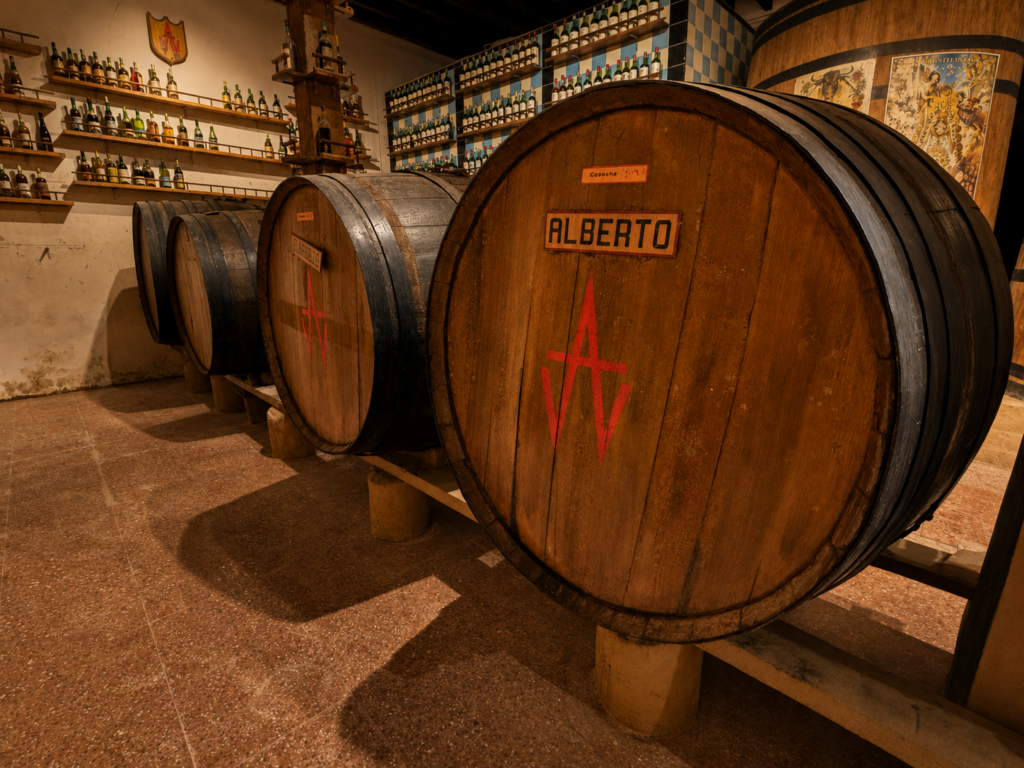 Traditional wooden wine barrels inside the private bodega at Finca Moñino