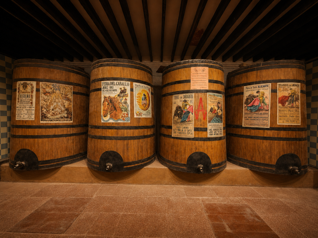 Traditional wooden wine tanks with vintage Spanish posters inside the private bodega at Finca Moñino